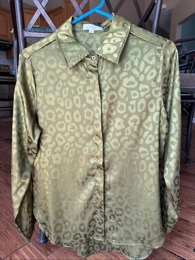 Olive Green Satin Leopard-Print Button-Up Blouse